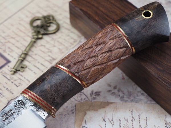 Нож Вепрь, клинок из кованой стали Х12МФ, рукоять стабилизированная карельская береза, бубинга