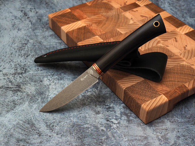 Набор ножей для кухни № 11, клинки из тигельного булата, рукояти из морёного граба + подставка под ножи в подарок