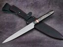 Набор ножей для кухни № 24, клинки из стали Bohler М398, рукояти хаотичный карбон, вставка мокумэ - ганэ + подставка под ножи в подарок
