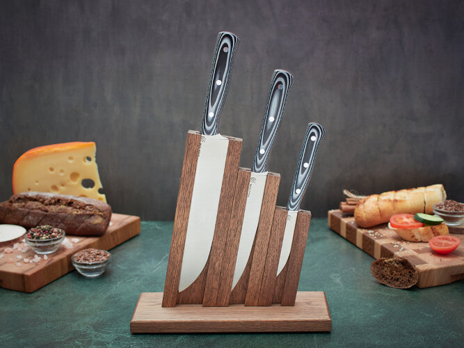 Набор ножей для кухни № 14, клинки из стали Bohler М390, цельнометаллические, накладки микарта + подставка под ножи в подарок