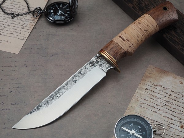 Нож Турист, клинок из кованой стали Х12МФ, рукоять бубинга, береста