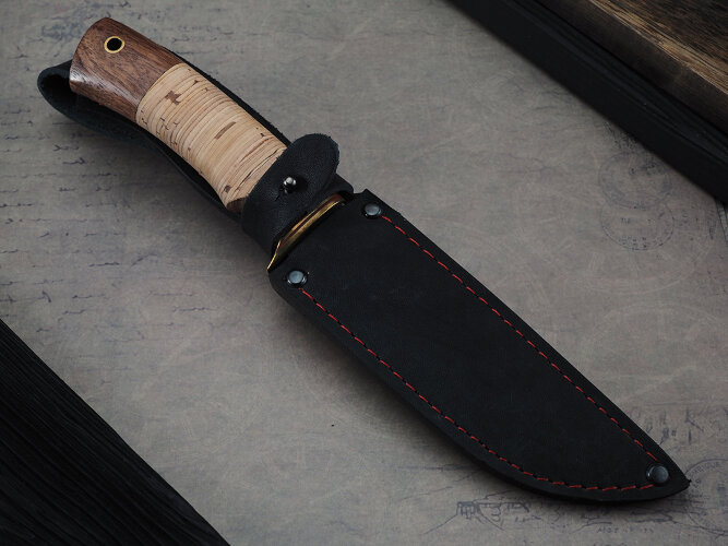Нож Турист, клинок из кованой стали Х12МФ, рукоять бубинга, береста
