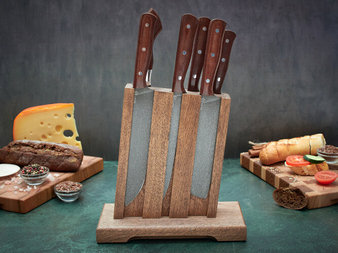 Набор ножей для кухни № 15 из тигельного булата, цельнометаллические, накладки текстолит + тяпка из Х12МФ + подставка под ножи в подарок