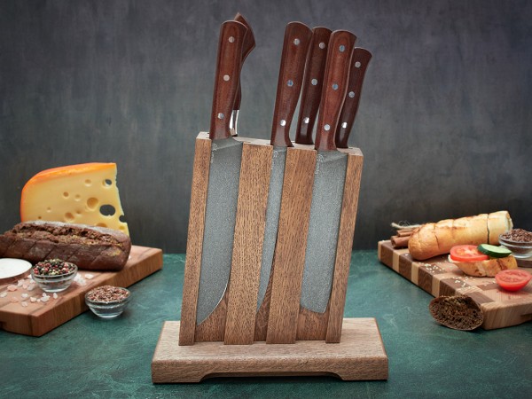 Набор ножей для кухни № 15 из тигельного булата, цельнометаллические, накладки текстолит + тяпка из Х12МФ + подставка под ножи в подарок