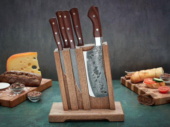 Набор ножей для кухни № 15 из тигельного булата, цельнометаллические, накладки текстолит + тяпка из Х12МФ + подставка под ножи в подарок