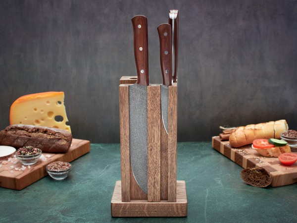 Набор ножей для кухни № 16 из тигельного булата, цельнометаллические, накладки текстолит + подставка под ножи в подарок