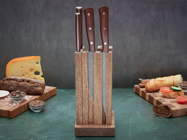 Набор ножей для кухни № 16 из тигельного булата, цельнометаллические, накладки текстолит + подставка под ножи в подарок