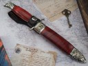 Нож Авторская Финка НКВД, клинок из кованой стали Х12МФ, рукоять художественное литье мельхиор, стабилизированная карельская береза красная, ножны художественное литье мельхиор, стабилизированная карельская береза