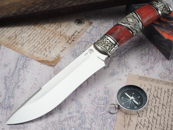 Нож Егерь, клинок из стали Bohler K340, рукоять художественное литье мельхиор, стабилизированная карельская береза, элфорин, скримшоу