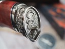 Нож Егерь, клинок из стали Bohler K340, рукоять художественное литье мельхиор, стабилизированная карельская береза, элфорин, скримшоу