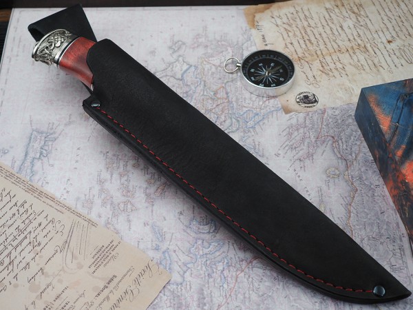 Нож Егерь, клинок из стали Bohler K340, рукоять художественное литье мельхиор, стабилизированная карельская береза, элфорин, скримшоу