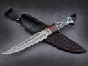 Нож Гепард-2, клинок из стали Bohler S390 в нержавеющих обкладках, рукоять рог буйвола, вставка хаотичный карбон, скримшоу, мокумэ-ганэ, формованные ножны-итальянская кожа растительного дубления