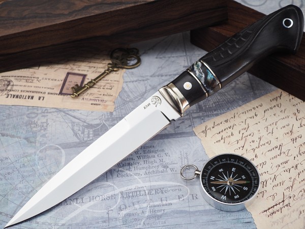 Нож Хищник, клинок из стали Bohler К340, рукоять морёный граб с резьбой, вставка стабилизированный зуб мамонта, мозаичный пин