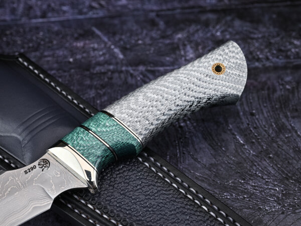 Нож Тигр, клинок из стали Bohler S290, в нержавеющих обкладках, рукоять карбон, вставка карбон, больстер нейзильбер, формованные ножны - итальянская кожа растительного дубления