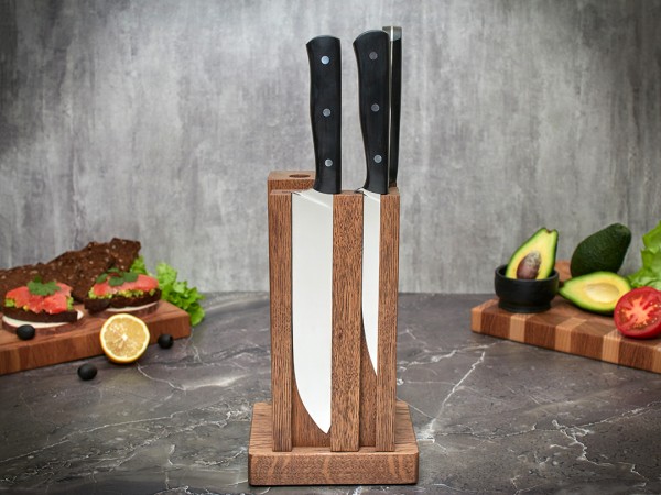 Набор ножей для кухни № 18 из стали Bohler N690, цельнометаллические, накладки морёный граб + подставка под ножи в подарок