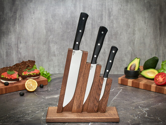 Набор ножей для кухни № 19 из стали Bohler N690, цельнометаллические, накладки морёный граб + подставка под ножи в подарок