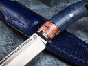 Нож Вепрь, клинок из стали Bohler S390, рукоять стабилизированная карельская береза, стабилизированный зуб мамонта, мозаичный пин, формованные ножны-итальянская кожа растительного дубления