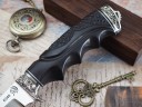 Нож Турист, клинок из стали Bohler K340, рукоять художественное литье мельхиор, морёный граб резной, под пальцы