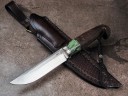 Нож Мангуст, клинок из стали Bohler S390, рукоять стабилизированная карельская береза, стабилизированный зуб мамонта, темлячный мозаичный пин, формованные ножны-итальянская кожа растительного дубления