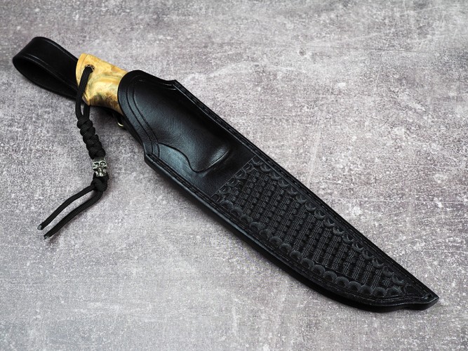 Нож Беркут, клинок из стали Bohler S390, рукоять стабилизированная карельская береза, стабилизированный зуб мамонта, формованные ножны-итальянская кожа растительного дубления