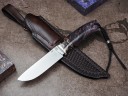 Нож Ласка, клинок из стали Bohler S390, рукоять стабилизированная карельская береза, стабилизированный зуб мамонта, формованные ножны-итальянская кожа растительного дубления