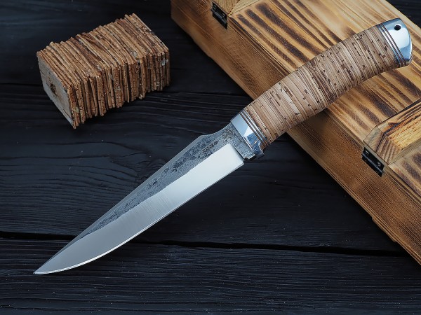 Нож Гепард, клинок из кованой стали Х12МФ, рукоять береста, дюраль