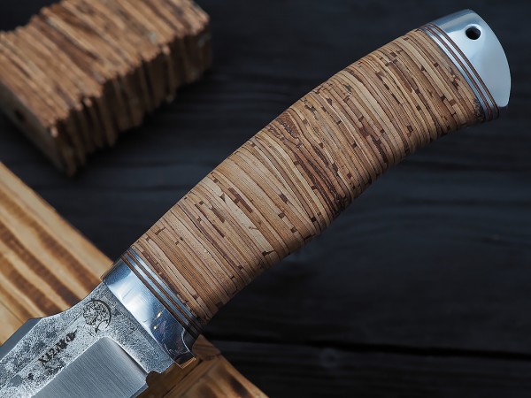 Нож Гепард, клинок из кованой стали Х12МФ, рукоять береста, дюраль