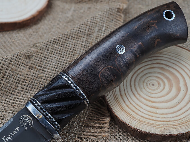 Нож Мангуст, клинок из тигельного булата, рукоять стабилизированная карельская береза, мозаичный пин