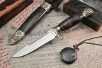 Нож Авторская Финка НКВД, клинок из стали Bohler М390, рукоять художественное литье мельхиор, стабилизированная карельская береза коричневая, ножны художественное литье мельхиор, стабилизированная карельская береза