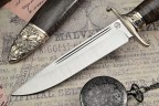 Нож Авторская Финка НКВД, клинок из стали Bohler М390, рукоять художественное литье мельхиор, стабилизированная карельская береза коричневая, ножны художественное литье мельхиор, стабилизированная карельская береза