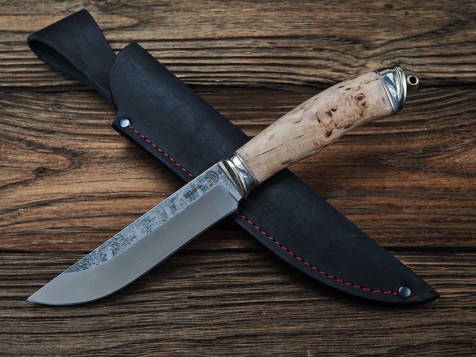 Нож Мангуст, клинок из кованой стали Х12МФ, рукоять литье мельхиор, карельская береза
