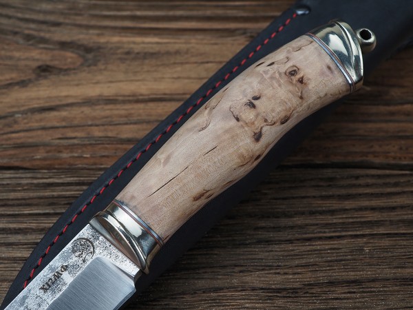 Нож Мангуст, клинок из кованой стали Х12МФ, рукоять литье мельхиор, карельская береза