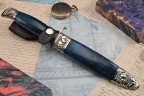 Нож Авторская Финка НКВД, клинок из стали Bohler К340, рукоять художественное литье мельхиор, стабилизированная карельская береза синяя, ножны художественное литье мельхиор, стабилизированная карельская береза