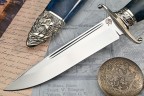 Нож Авторская Финка НКВД, клинок из стали Bohler К340, рукоять художественное литье мельхиор, стабилизированная карельская береза синяя, ножны художественное литье мельхиор, стабилизированная карельская береза