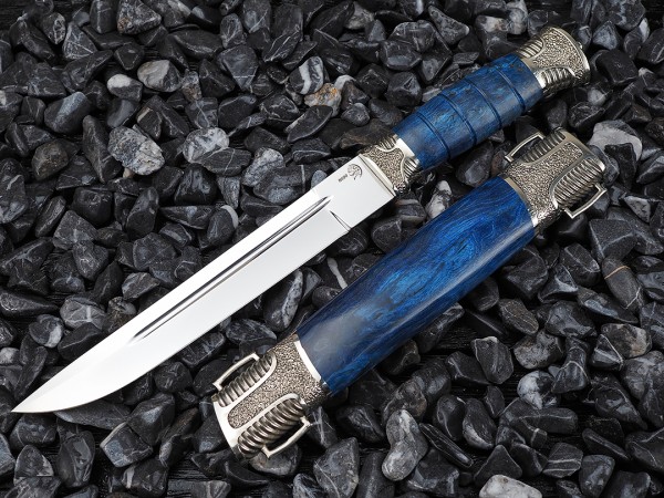 Нож Пластунский, клинок из стали Bohler N690, рукоять художественное литье мельхиор, стабилизированная карельская береза, ножны художественное литье мельхиор, стабилизированная карельская берёза