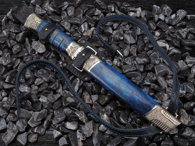 Нож Пластунский, клинок из стали Bohler N690, рукоять художественное литье мельхиор, стабилизированная карельская береза, ножны художественное литье мельхиор, стабилизированная карельская берёза