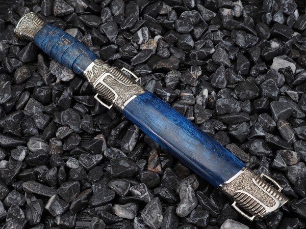 Нож Пластунский, клинок из стали Bohler N690, рукоять художественное литье мельхиор, стабилизированная карельская береза, ножны художественное литье мельхиор, стабилизированная карельская берёза