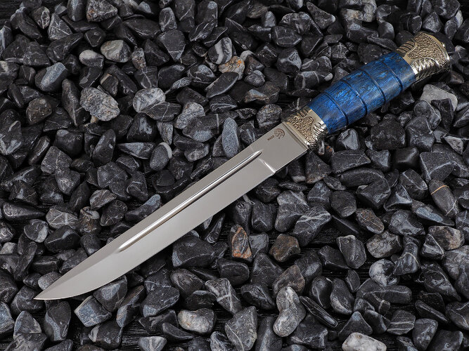 Нож Пластунский, клинок из стали Bohler N690, рукоять художественное литье мельхиор, стабилизированная карельская береза, ножны художественное литье мельхиор, стабилизированная карельская берёза