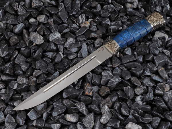 Нож Пластунский, клинок из стали Bohler N690, рукоять художественное литье мельхиор, стабилизированная карельская береза, ножны художественное литье мельхиор, стабилизированная карельская берёза