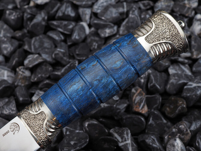 Нож Пластунский, клинок из стали Bohler N690, рукоять художественное литье мельхиор, стабилизированная карельская береза, ножны художественное литье мельхиор, стабилизированная карельская берёза