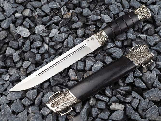 Нож Пластунский, клинок из стали Bohler S390, рукоять художественное литье мельхиор, морёный граб, ножны художественное литье мельхиор, морёный граб