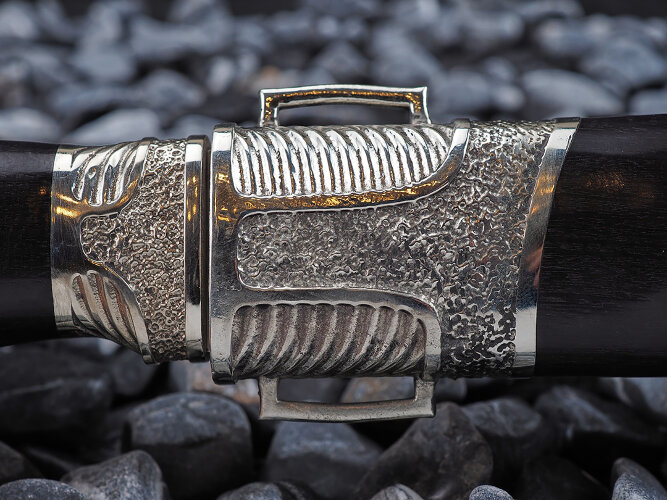 Нож Пластунский, клинок из стали Bohler S390, рукоять художественное литье мельхиор, морёный граб, ножны художественное литье мельхиор, морёный граб