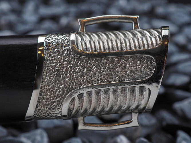 Нож Пластунский, клинок из стали Bohler S390, рукоять художественное литье мельхиор, морёный граб, ножны художественное литье мельхиор, морёный граб