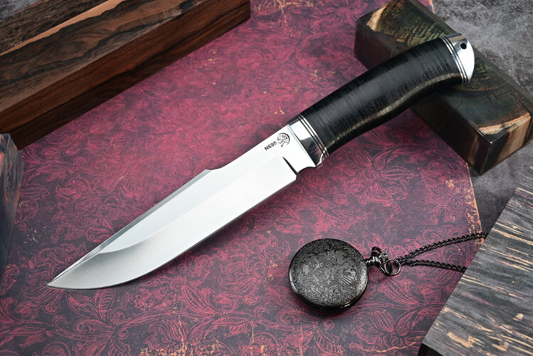Нож Медведь, клинок из стали Bohler N690, рукоять дюраль, наборная кожа
