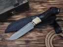 Нож Вепрь, клинок из стали Bohler М390, рукоять морёный граб с резьбой ручной работы, стабилизированный зуб мамонта, формованные ножны-итальянская кожа растительного дубления