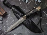 Нож Хищник, клинок из стали Bohler S390, рукоять художественное литье мельхиор, морёный граб, инкрустация серебром, формованные ножны-итальянская кожа растительного дубления