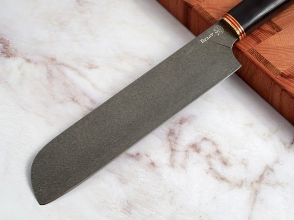 Нож Сантоку, клинок из тигельного булата, рукоять морёный граб