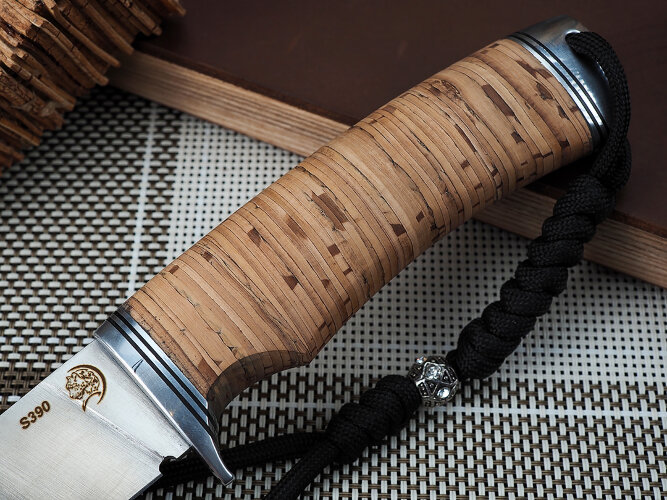 Нож Лиса, клинок из стали Bohler S390, рукоять дюраль, береста