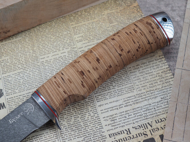 Нож Филейный № 2, клинок из тигельного булата, рукоять дюраль, береста