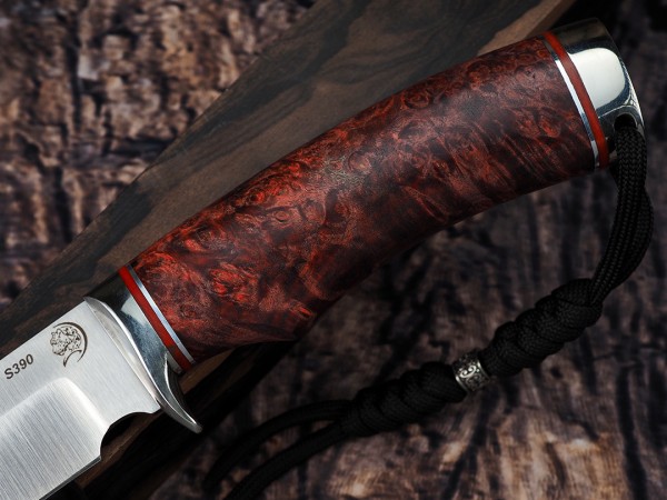Нож Турист, клинок из стали Bohler S390, рукоять литье мельхиор, стабилизированный кап клена
